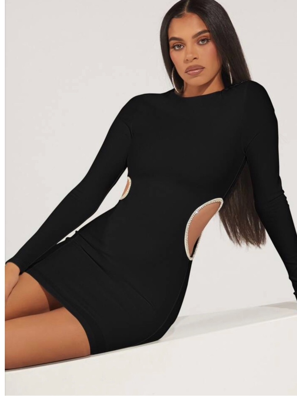 long sleeve mini dress with cut out rhinestone details